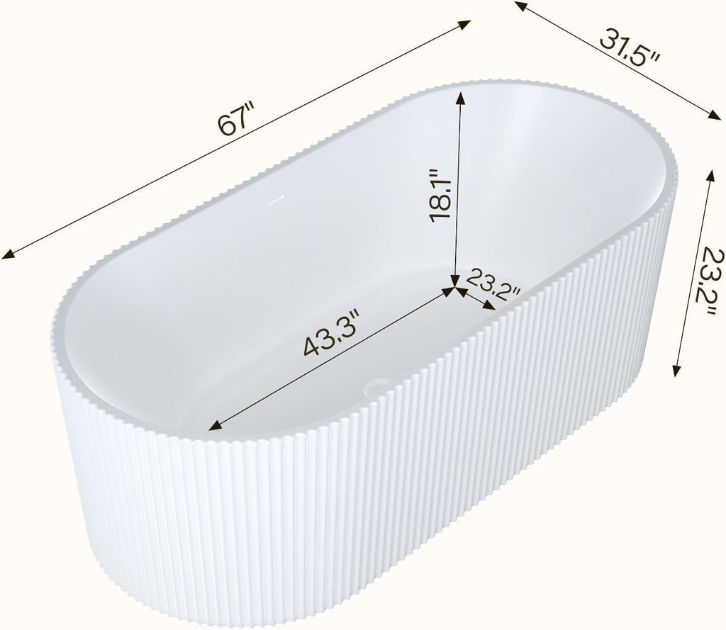 67' Acrylic Freestanding Soaking Bathtub with Striped Design, Bathroom Tub Includes Overflow Cover, Pop-Up Drain, Hidden Drainage System, Easy Installation, cUPC Certified, Glossy White Finish