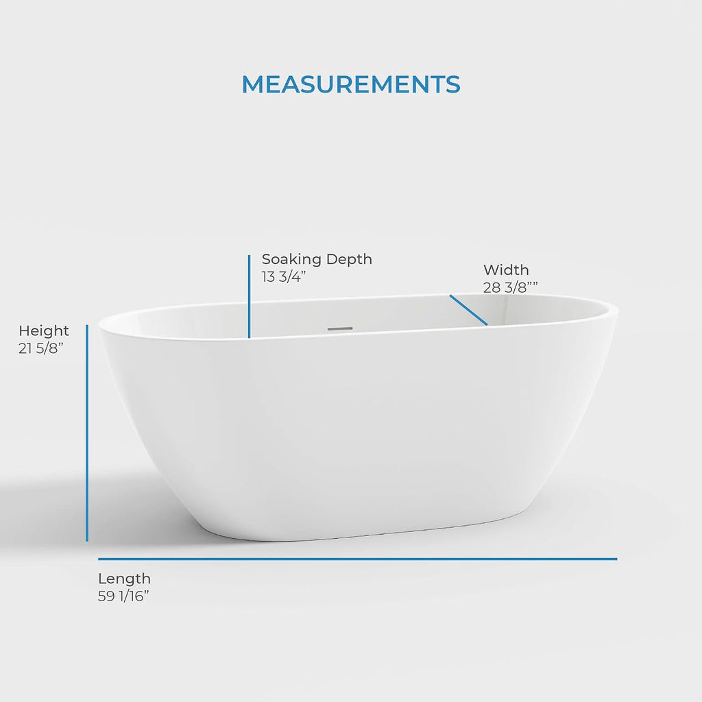 OVE Decors Ayago 59 in. Solid Surface Freestanding White Acrylic Soaking Bathtub, with Overflow and Brushed Gold Pop-up Drain
