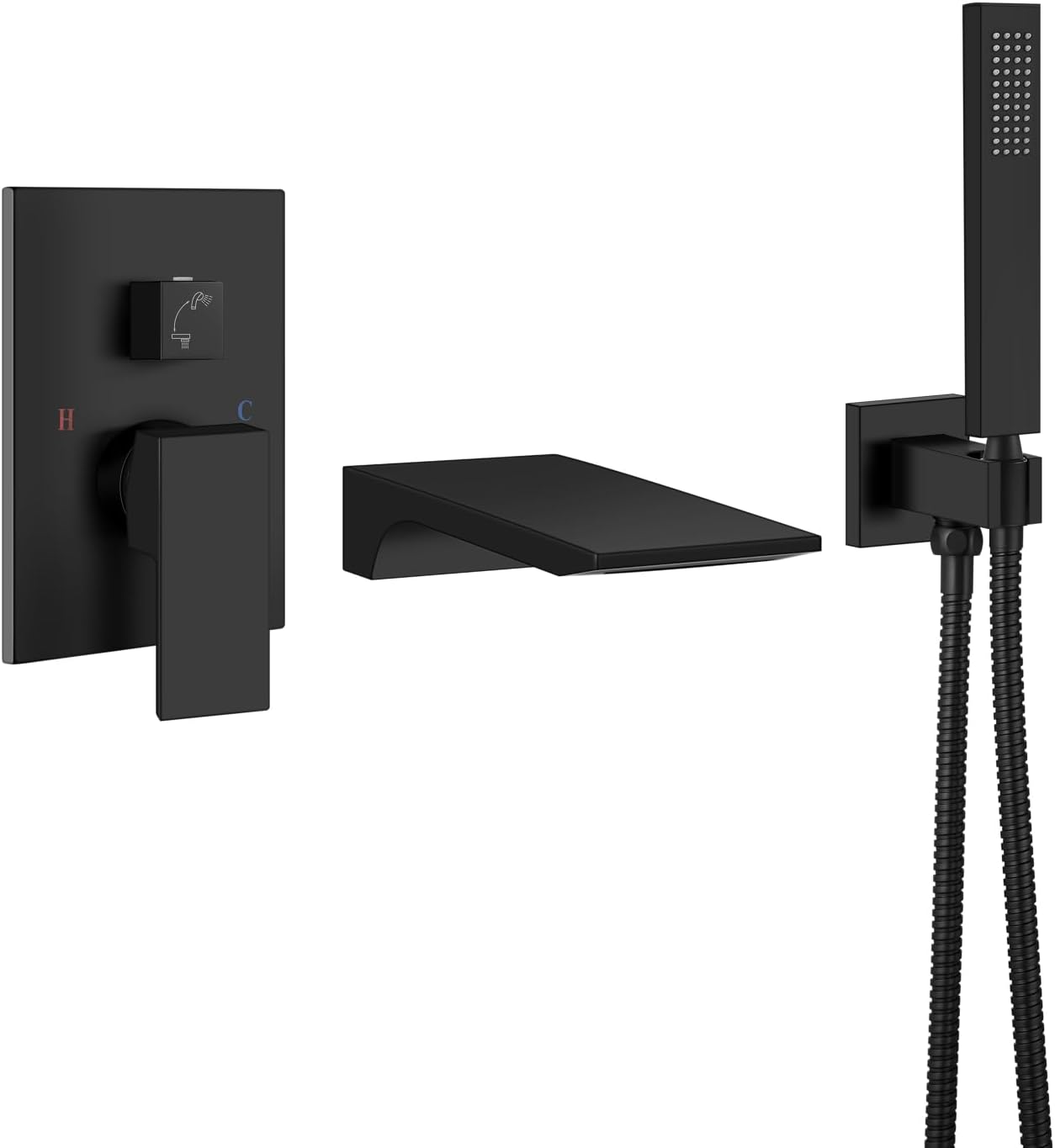 Aolemi Wall Mount Bathtub Faucet,Tub Faucet Set Waterfall Wall Mounted Tub Filler with Handheld Sprayer Single Handle,Matte Black