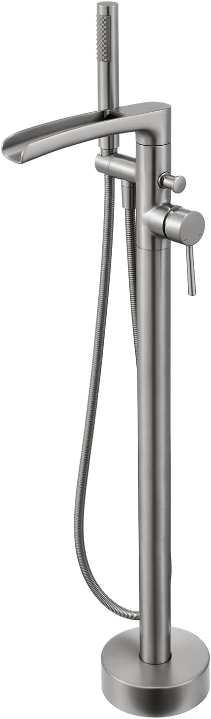 Wowkk Waterfall Freestanding Bathtub Faucet Brushed Nickel Floor Mount Tub Filler Brass Single Handle Bathroom Faucets with Hand Shower