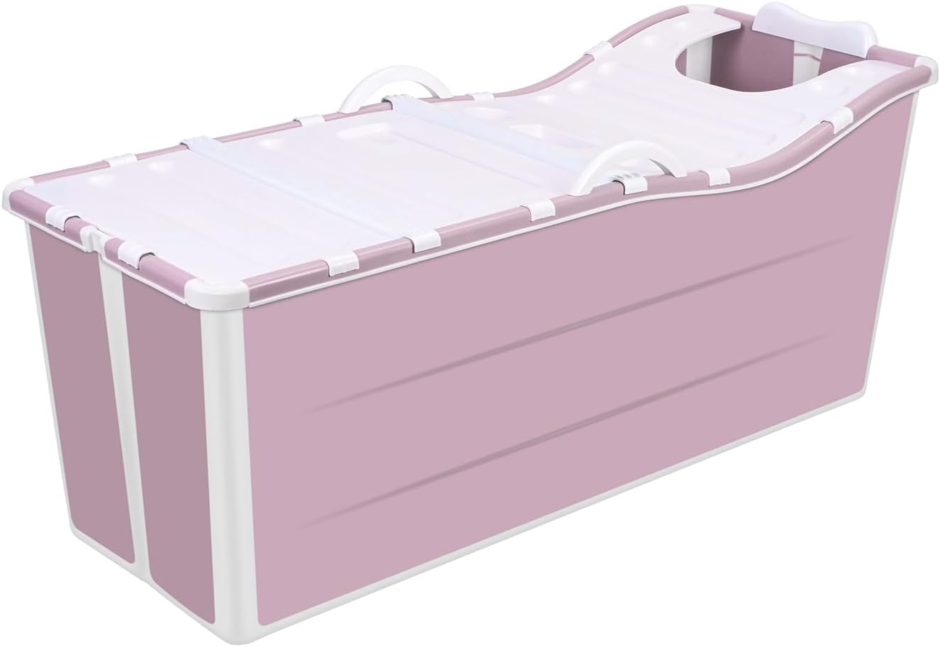 Portable Foldable Bathtub, Bathing Tub for Shower Stall, Portable Bathtub for Adult, Space Saving Home Spa Bath, Freestanding Effortless Folding Bathtub with Thermal Lid, Handrail Pink