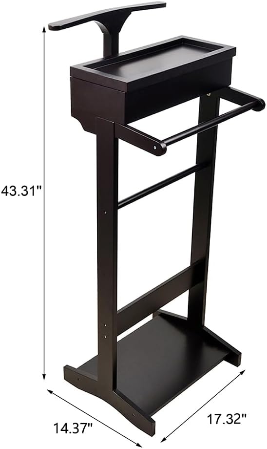 Wooden Valet Stand for Men, Modern Mens Valet Stand with Tray Organizer, Shoe Shelf, Hanging Rod & Suit Rack, Freestanding Clothes Rack for Bedroom Entryway Office, Black