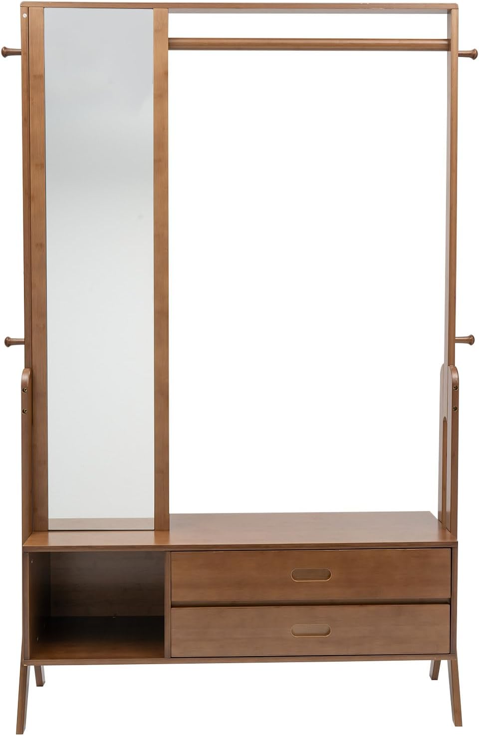 Bamboo Garment Rack with Mirror, Freestanding Wooden Closet Organizers with 2 Storage Drawers&Hooks, Vintage Coat Rack, Open Wardrobe for Entryway Bedroom Living Room