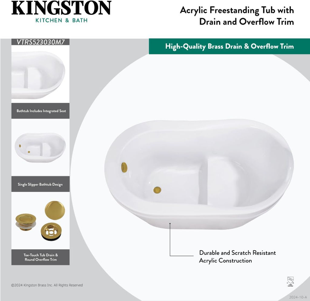 Kingston Brass VTRS523030M8 52' Acrylic Oval Single Slipper Freestanding Tub with Overflow/Drain Assembly and Integral Seat, Glossy White/Brushed Nickel