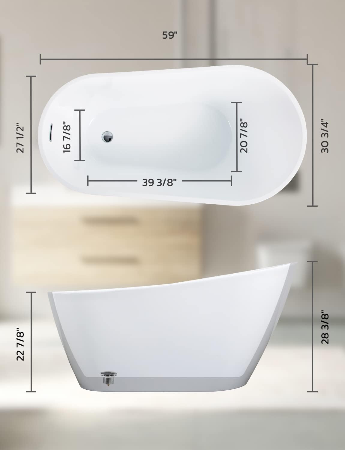 Zevemomo Freestanding Bathtub, 59 inch Acrylic Free Standing Soaking Bathroom Tub with brushed nickel-finished overflow and Anti-Clogging Drain, Easy Installation