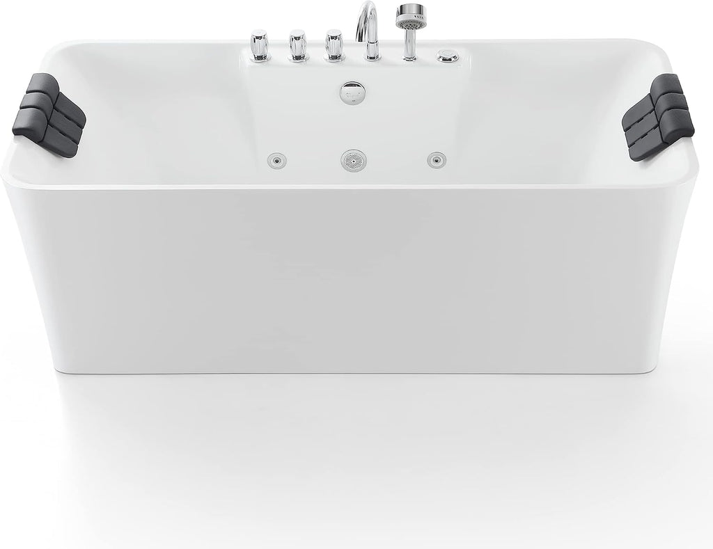 59 in. Acrylic Freestanding Bath Tub Hydromassage Gracefully Rectangle Shaped 8 Water Jets Soaking SPA, Double-Ended Massage Bathtubs with Two Black Pillows , White