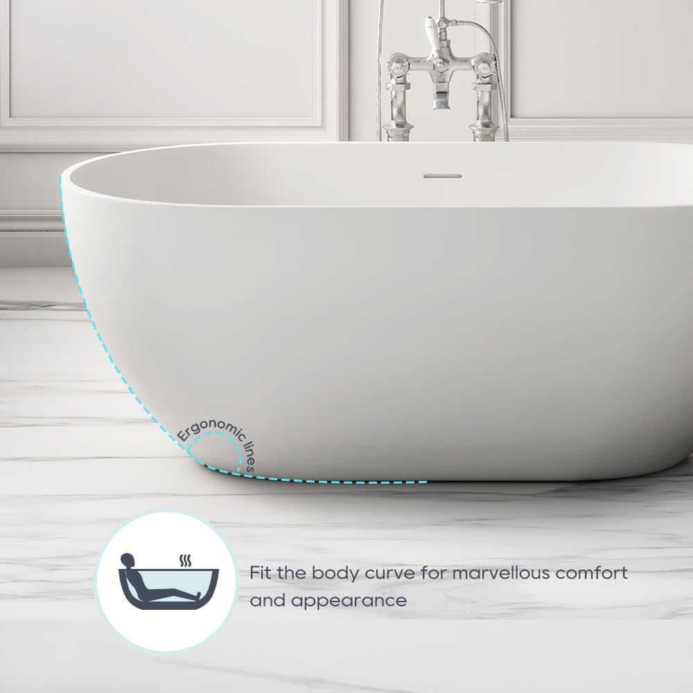 SJ STAR&JANE 59' Solid Surface Freestanding Bathtub, Matte White Oval Soaking Stone Resin Tub with Overflow and Pop-up Drain for Modern Bathrooms