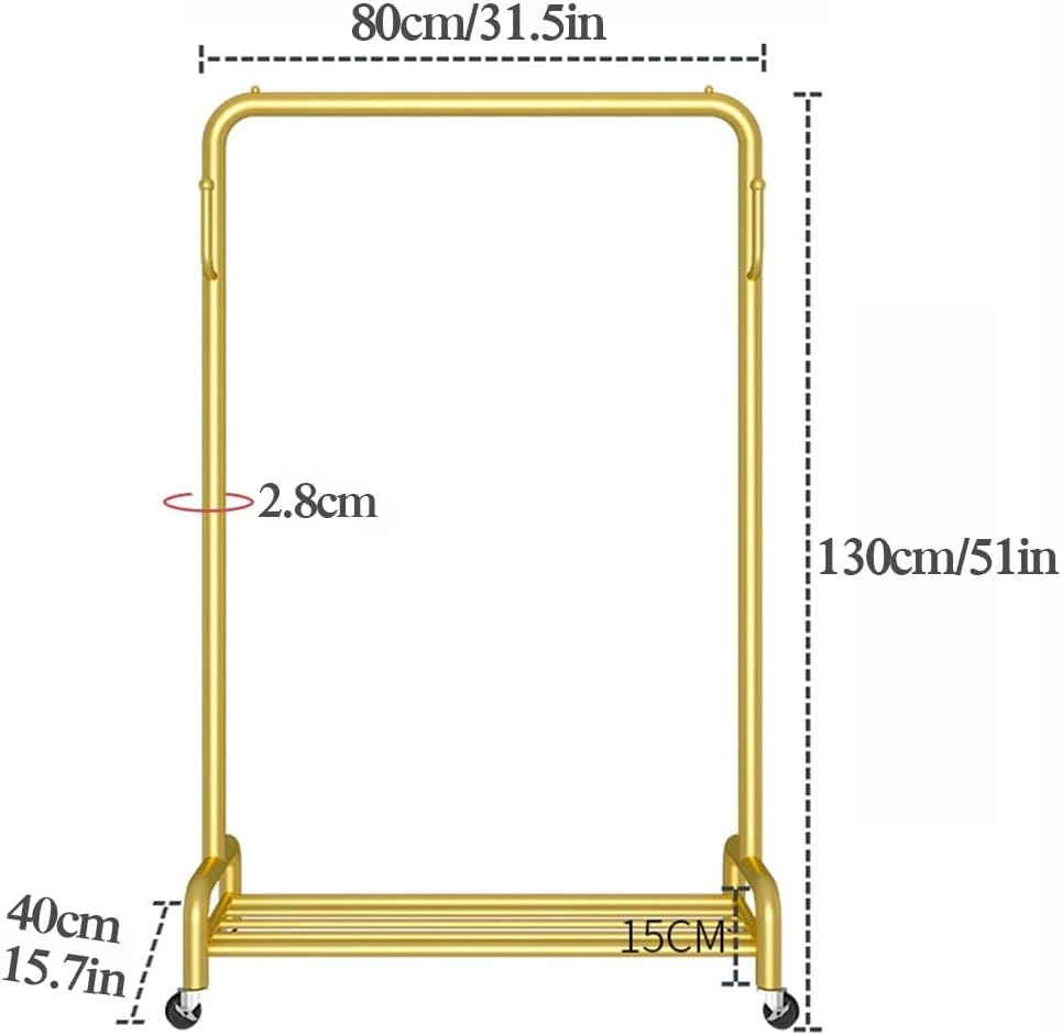 Rolling Clothes Rail with Hooks and Storage Shelf, Freestanding Clothing Garment Rack with Wheels, Clothes Organizer for Bedroom, Laundry Room (Color : Gold, Size : 80x40x130cm)