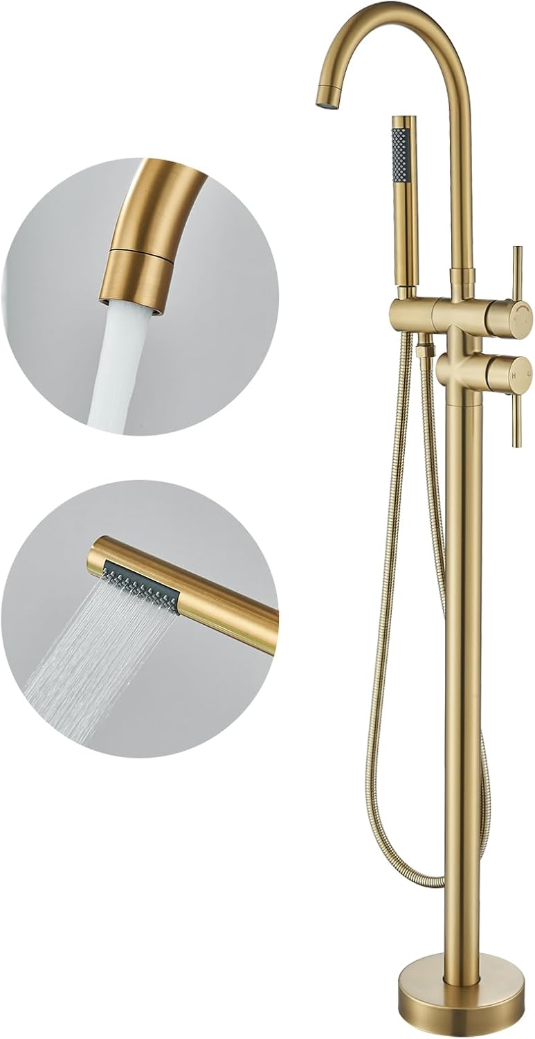 Brushed Gold Freestanding Bathtub Faucet with Hand Shower Tub Filler Faucet Floor Mounted High Flow Single Handle Bath Filler Solid Brass