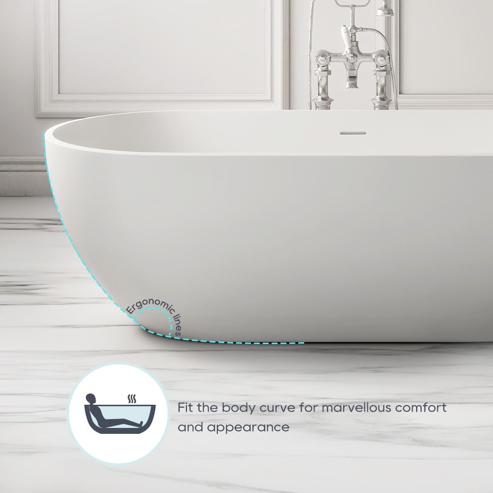SJ STAR&JANE 69' Solid Surface Freestanding Bathtub, Matte White Oval Stone Resin Soaking Tub Stand Alone Tub with Overflow and Pop-up Drain for Modern Bathrooms