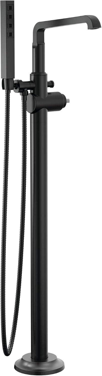 Delta Faucet Tetra Floor-Mount Freestanding Tub Filler with Hand Held Shower, Black Tub Faucet, Matte Black T4789-BLLHP-FL (Valve and Handle Not Included)