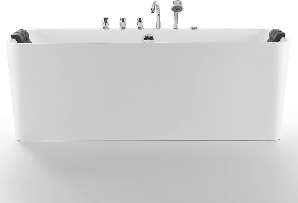 Whirlpool Bathtub 67 in. Acrylic Freestanding Bath Tub Hydromassage Gracefully Rectangle Shaped 8 Water Jets Soaking SPA, Double-Ended Massage Bathtubs with Black Pillows , White