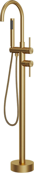 Freestanding Bathtub Faucet with Dual Handle Brass Tub Filler, Floor Mount Gooseneck Swivel Spout and Handheld Shower, Brushed Gold