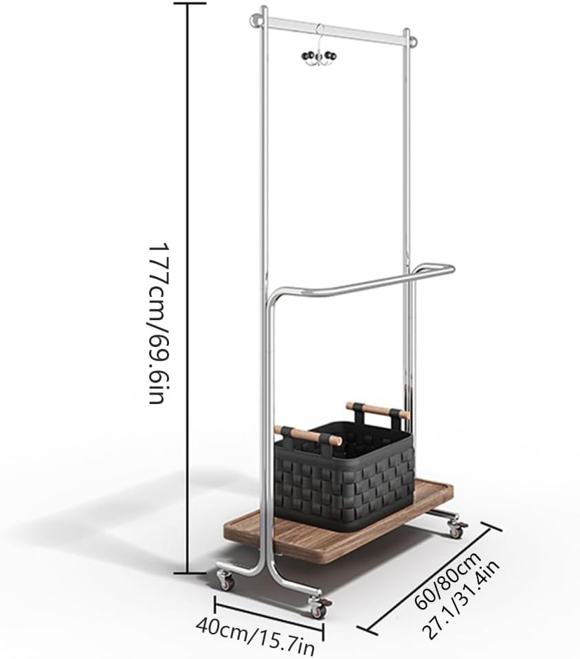 Floor-Standing Garment Rack, Freestanding Metal Coat Rack Stand, Modern Organizer with 4 Wheels for coats, Hat, scarf, jacket, purse(Black,60x40x177cm)