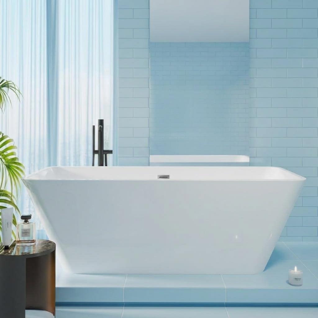 59' Freestanding Bathtub，Acrylic Deep Soak Tub, Glossy White, Easy Install with Overflow & Drain