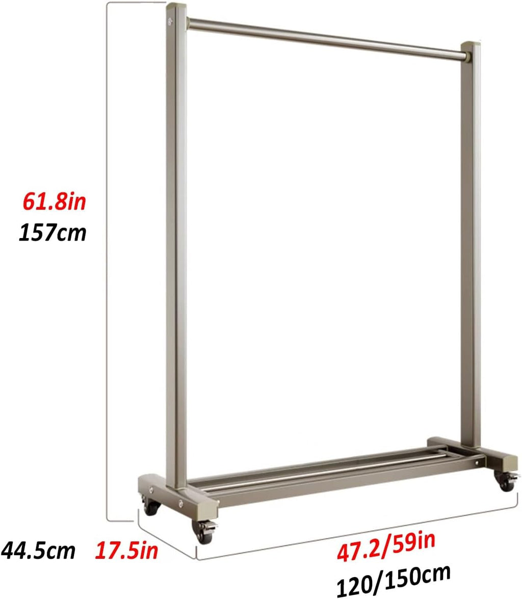 Heavy-Duty Clothes Rack With Wheels, Freestanding Metal Garment Rack With Bottom Shelf, Rolling Clothing Racks For Hanging Clothes, For Bedroom, Laundry, Balcony(150cm/59in)