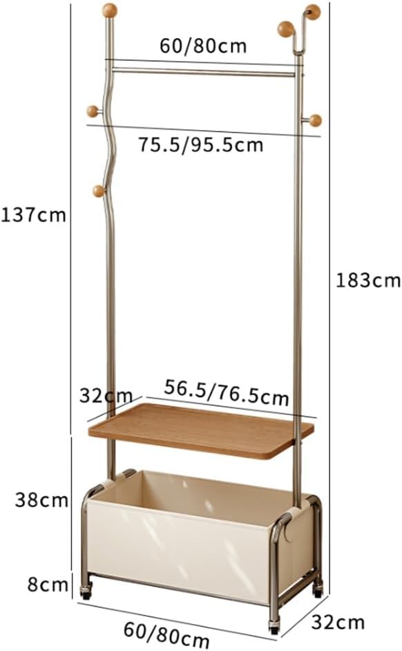 Floor-Standing Garment Rack, Coat Rack Freestanding with Storage Basket, Stable and Moveable, Rolling Clothes Rack for Bedroom, Balcony, Living Room(Black,60x32x183cm)