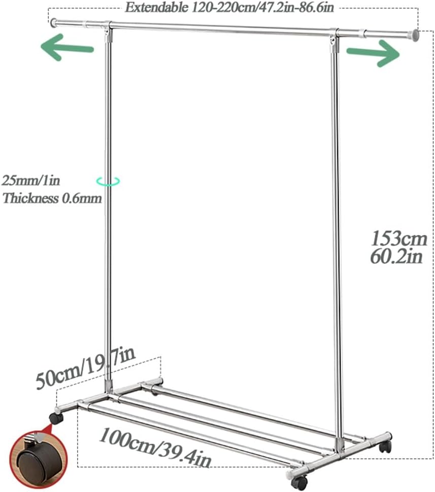 Extendable Steel Clothing Garment Rack with Wheels, Telescopic Rod, Rolling Clothes Rack for Bedroom, Laundry Room, Clothes Rail with Bottom Shelf and 4 Wheels, Load Capacity 80kg