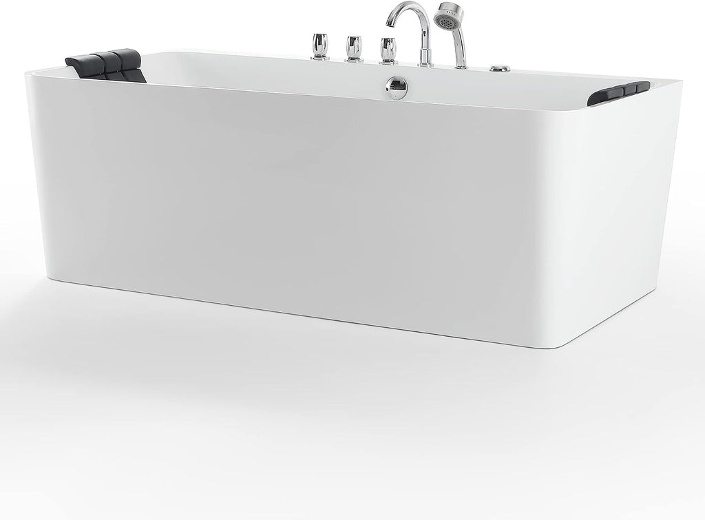 Whirlpool Bathtub 67 in. Acrylic Freestanding Bath Tub Hydromassage Gracefully Rectangle Shaped 8 Water Jets Soaking SPA, Double-Ended Massage Bathtubs with Black Pillows , White