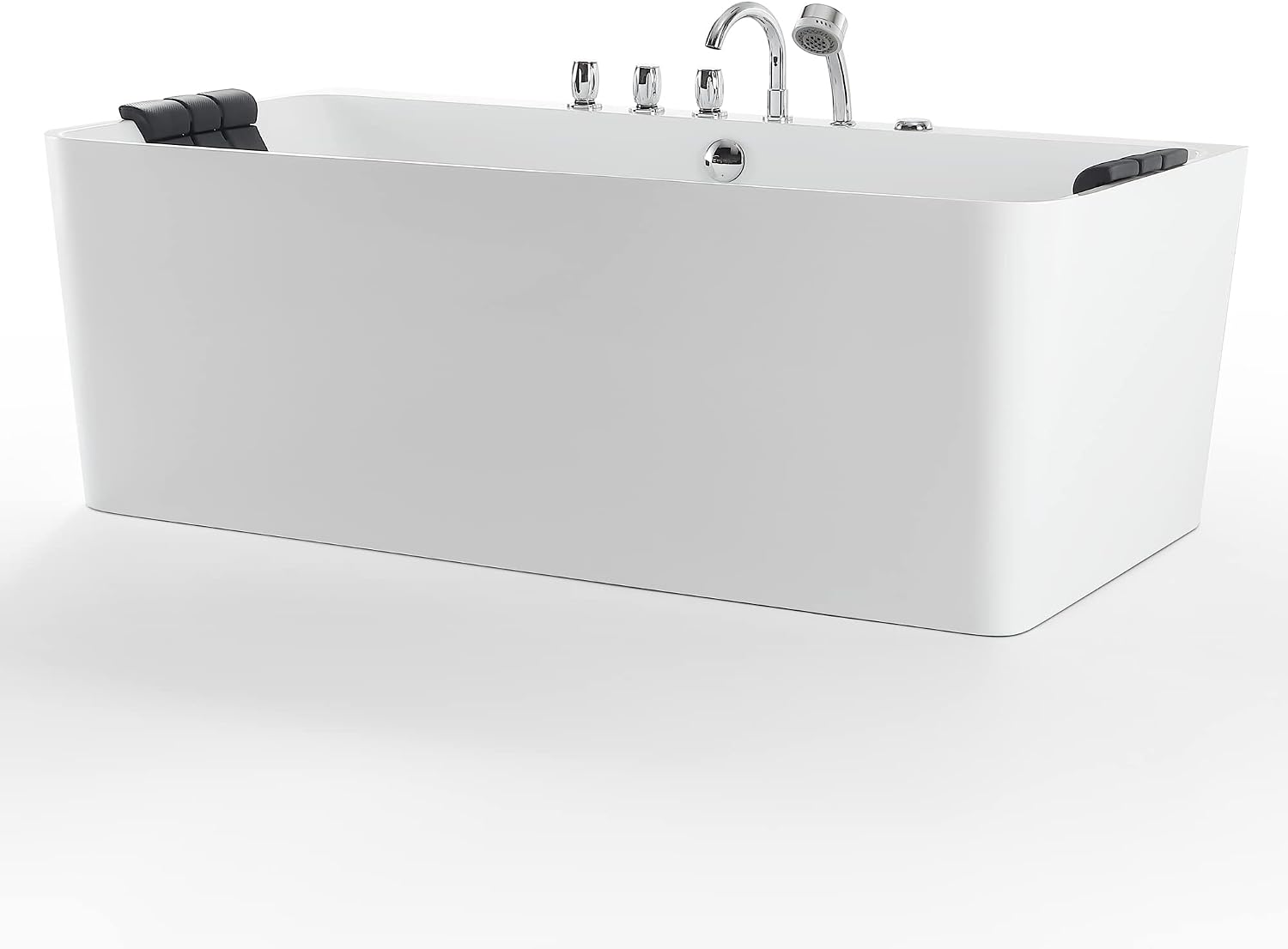 Whirlpool Bathtub 67 in. Acrylic Freestanding Bath Tub Hydromassage Gracefully Rectangle Shaped 8 Water Jets Soaking SPA, Double-Ended Massage Bathtubs with Black Pillows , White