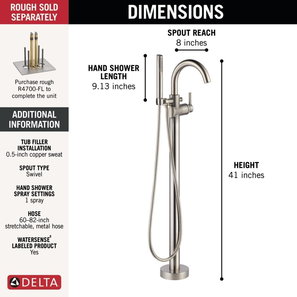 Delta Faucet Trinsic Floor Mount Tub Filler - Freestanding Roman Tub Spout with Handheld Shower - Flexible Shower Hose - Double Check Valves - Stainless, T4759-SSFL (Rough Sold Separately)