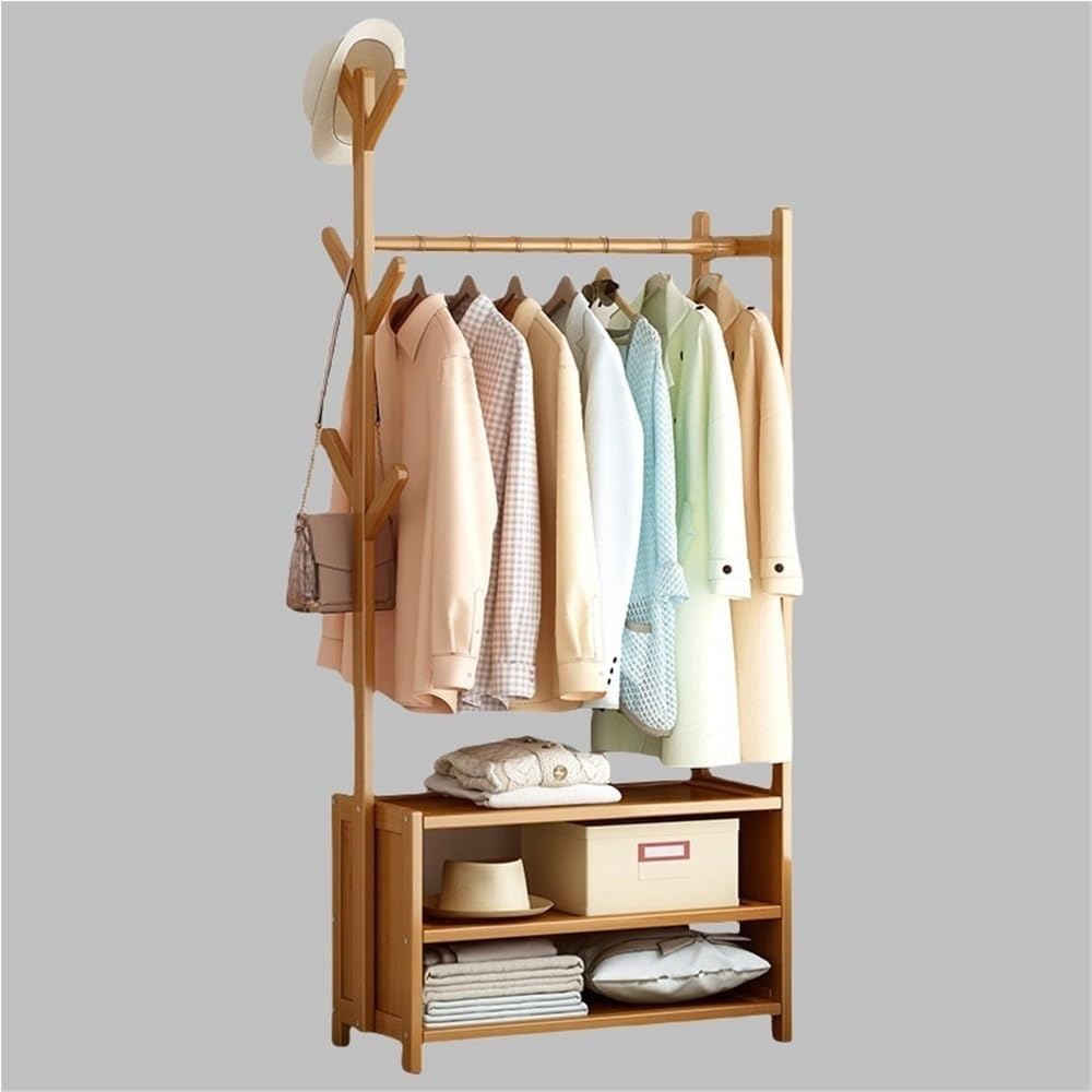 Wooden Clothes Rack with Storage, Freestanding Garment Rack with 6 Hooks, Stylish Coat Rack for Bedroom, Study, Dining Room & Dorm, 27.6' x 11.8' x 62.2' (Yellow)