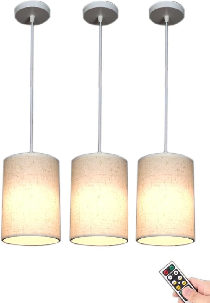 Wireless Pendant Light Set of 3,Battery Operated Hanging Light with Remote,Non Hardwired Pendant Lighting Fixture Fabric Ceiling Hanging Lamp Dimmer Chandelier for Kitchen Island Living Room Bedroom