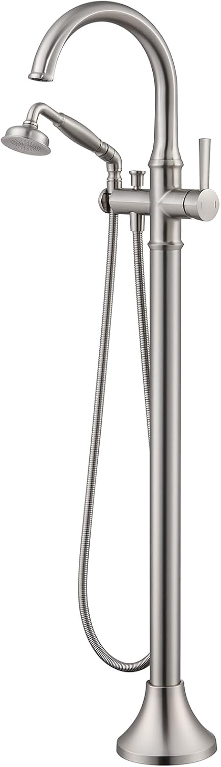 Wowkk Freestanding Tub Faucet Floor Mount Tub Filler Brushed Nickel Free Standing Bathtub Faucet Brass Bath Faucet with Hand Shower