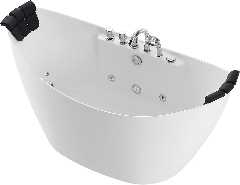 Empava 59 in. Acrylic Freestanding Tub Hydromassage Gracefully Oval Shaped Whirlpool 8 Water Jets Soaking SPA, Double-Ended Massage Bathtub with 2 Black Pillows