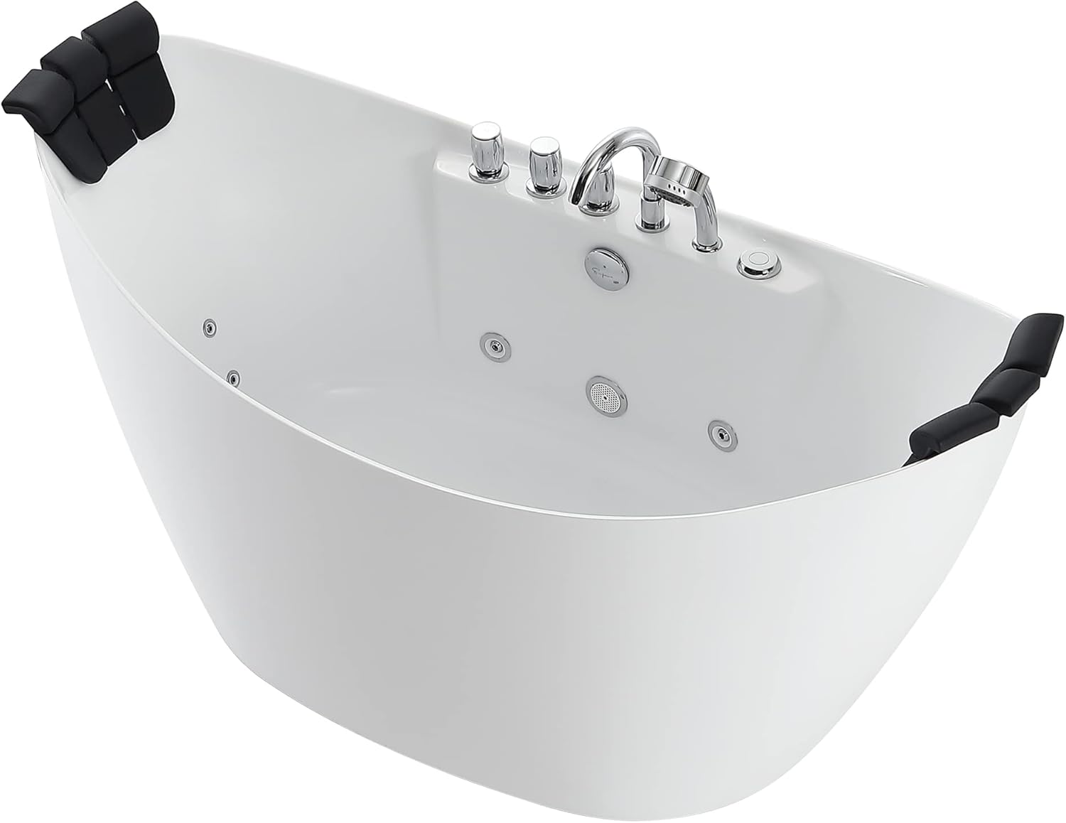 Empava 59 in. Acrylic Freestanding Tub Hydromassage Gracefully Oval Shaped Whirlpool 8 Water Jets Soaking SPA, Double-Ended Massage Bathtub with 2 Black Pillows