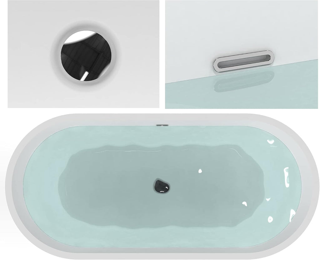 HEATGENE 70 Inches Acrylic Freestanding Bathtub Contemporary Soaking Tub Oval Modern Bathtub Easy to Install UPC Certified Drain & Overflow Assembly Included