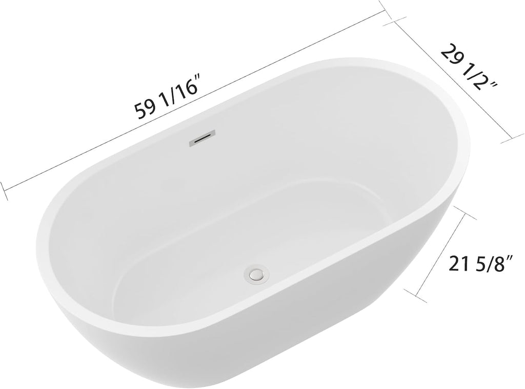 Logmey 59 Inch White Acrylic Freestanding Bathtub with Overflow Oval Shape Soaking Tub for Classic and Modern Bathrooms Chrome, Drain & Overflow Assembly Included