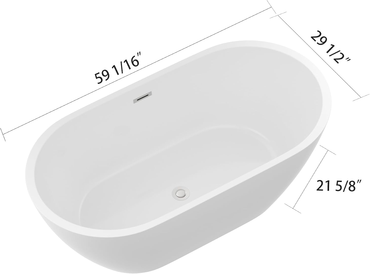 Logmey 59 Inch White Acrylic Freestanding Bathtub with Overflow Oval Shape Soaking Tub for Classic and Modern Bathrooms Chrome, Drain & Overflow Assembly Included
