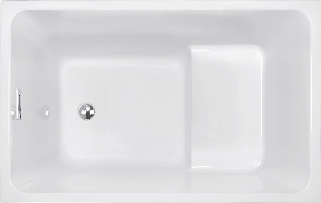 47' Acrylic Freestanding Bathtub with seat: rectangle Shape, Gloss White, Chrome Overflow Pop Up Drain