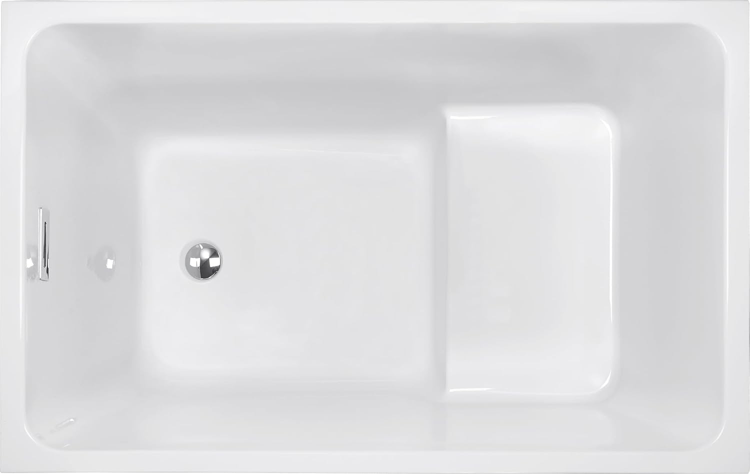 47' Acrylic Freestanding Bathtub with seat: rectangle Shape, Gloss White, Chrome Overflow Pop Up Drain