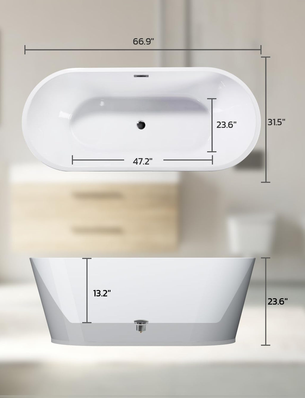 Zevemomo 67Inch Acrylic Freestanding Bathtub, Modern Stand Alone Soaking Tub with Brushed Nickel Overflow and Drain