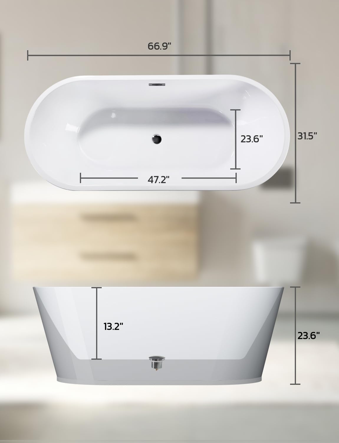 Zevemomo 67Inch Acrylic Freestanding Bathtub, Modern Stand Alone Soaking Tub with Brushed Nickel Overflow and Drain