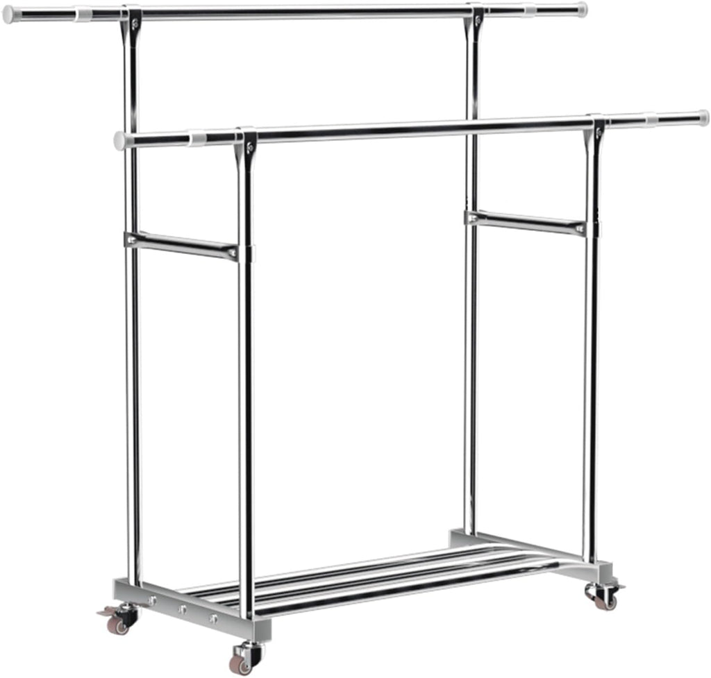 Double Rod Extendable Clothes Garment Rack with Wheels, Rolling Clothes Organizer with Storage Shelf, Clothes Rail with 4 Wheels, Space Saving, Load 100kg