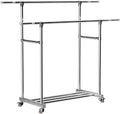 Double Rod Extendable Clothes Garment Rack with Wheels, Rolling Clothes Organizer with Storage Shelf, Clothes Rail with 4 Wheels, Space Saving, Load 100kg