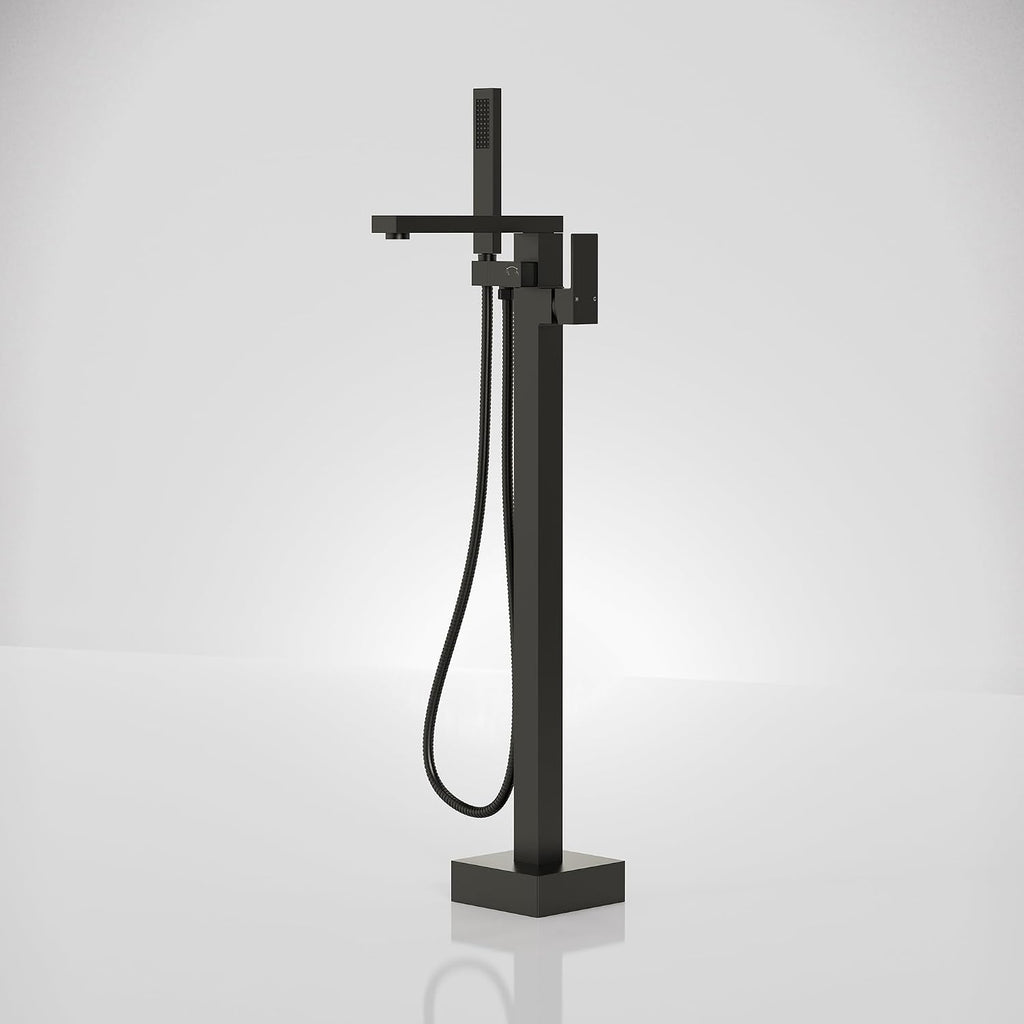 Freestanding Bathtub Faucet with Hand Held Shower, Floor Mount Tub Filler, Brass Bath Tub Faucet, Valve Included，Matte Black