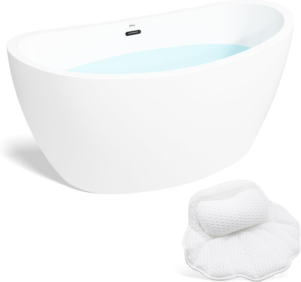 FerdY Naha 59' Acrylic Freestanding Bathtub, Curve Edge Freestanding Soaking Bathtub, Glossy White, cUPC Certified, Matte Black Drain& Bath Pillow for Bathtub,Thick Tub Pillows, Ergonomic Support