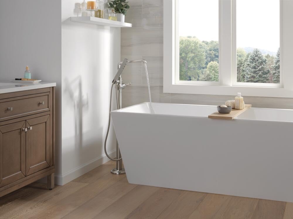 Delta Faucet Tetra Floor-Mount Freestanding Tub Filler with Hand Held Shower, Brushed Nickel Tub Faucet, Lumicoat Stainless T4789-PR-LHP-FL (Valve and Handle Not Included)