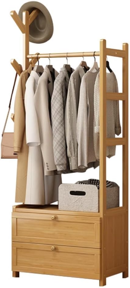 Open Wardrobe for Bedroom - Wooden Clothes Rail with Drawers, Free Standing Garment Rack, Style for Clothes Storage