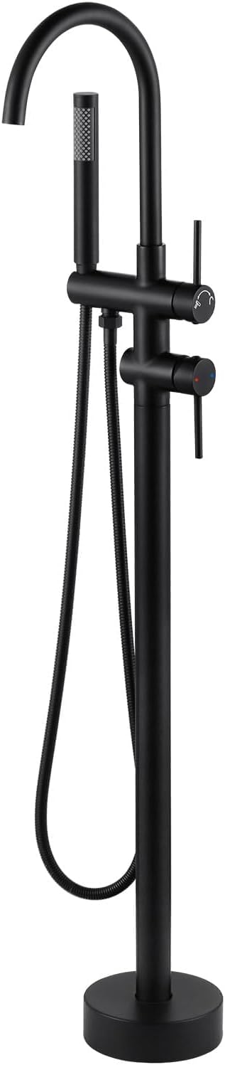 Freestanding Tub Filler Faucet, Floor Mount Matte Black Bathtub Faucet with Single Handheld Shower, Brass Shower Tub Faucet Set Complete, Bathtub Faucet with Shower