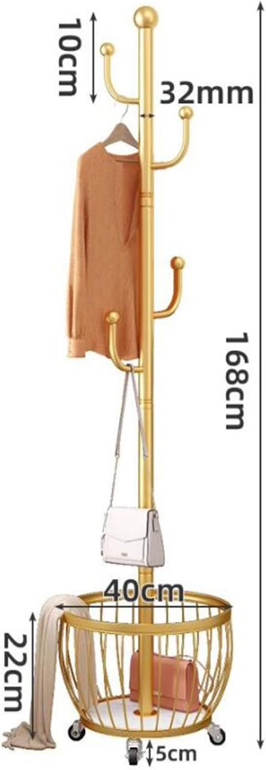 Gold Metal Clothing Hanger Rack with Wheels, Freestanding Organizer for Hanging Clothes, Includes 4 Hooks, Stylish Garment Rack for Home & Retail (Size B)