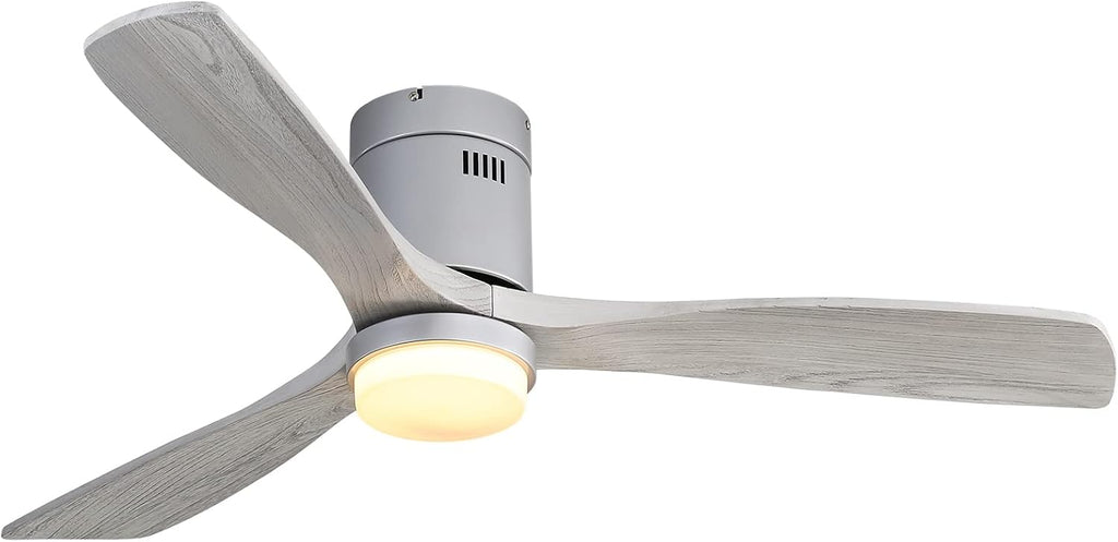 Sofucor 52 Inch Flush Mount Ceiling Fan with Light and Remote Control, 3 Blade Solid Wood Gray Ceiling Fan for Outdoor Indoor, Modern Fan for Bedroom Living Room Farmhouse Patio