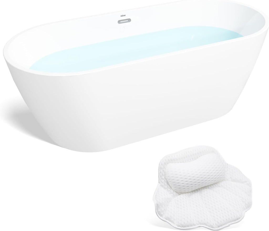 FerdY Nauru 67' Acrylic Freestanding Bathtub with Headrest, Ergonomic Lightweight Classic Oval Soaking Bathtub with Toe-Tap Chrome Drain, Classic Slotted Overflow, Bath Pillow Glossy White