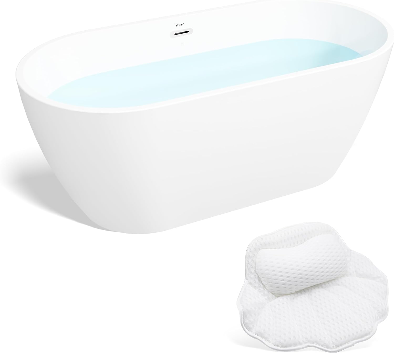 FerdY 59' Bali Elite Acrylic Freestanding Bathtub, Gracefully Shaped Freestanding Soaking Bathtub, cUPC Certified, Toe-Tap White Drain& Bath Pillow for Bathtub,Thick Tub Pillows, Breathable 4D Air Mes
