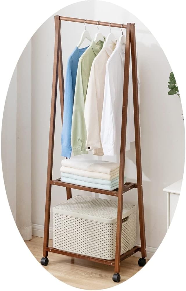 MZP Single Rod Clothes Garment Rack Rolling Clothing Organizer Shelf with Wheels Open Wardrobe Closet Coat Stands with 2 Shelves for Bedrooms Hallway Entryway (Color : Brown, Size : 55X33X150cm)