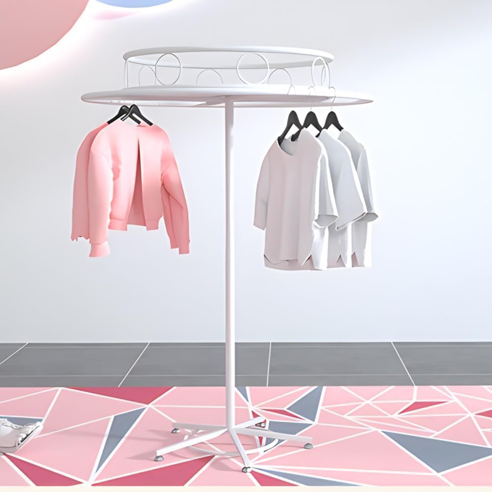 Freestanding Garment Display Retail Rack, Rotatable Round Clothes Hanging Metal Clothes Rack, Ribbon Storage Display Rack Scarf Coat Hanger(White,70cm/27.6in)